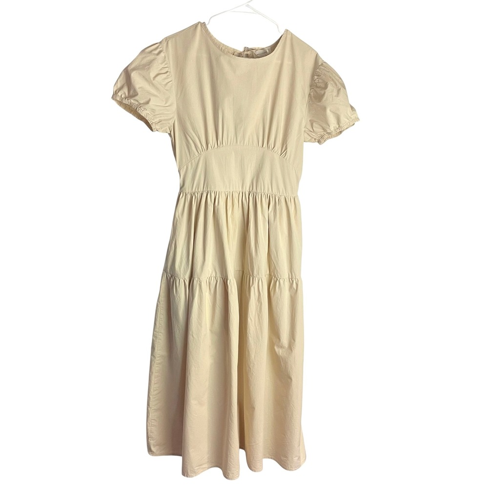 Melloday Womens Tiered Midi Dress Size M Beige Puff Sleeve Cottagecore Prairie